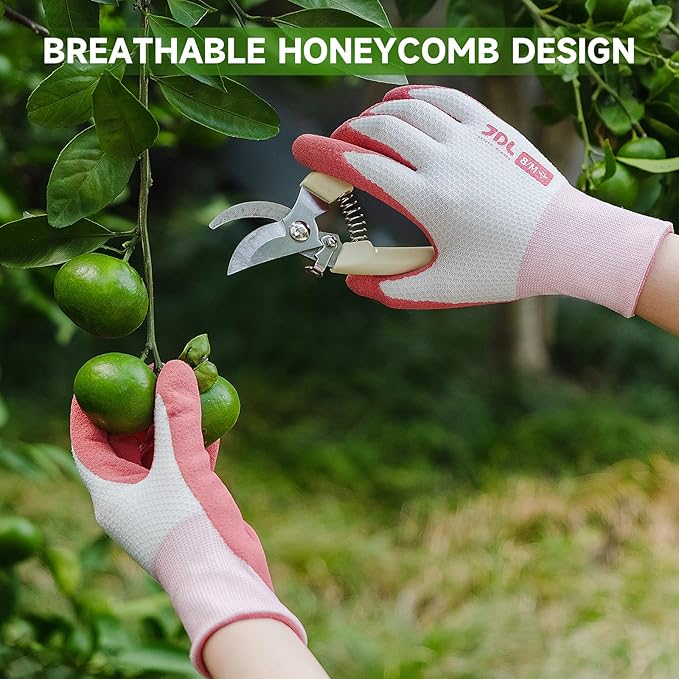 JDL Gardening Gloves for Women, 2 Pairs Breathable Latex Coated Yard Garden Gloves, Rubber Outdoor Protective Work Gloves with Grip, Pink, Small Size