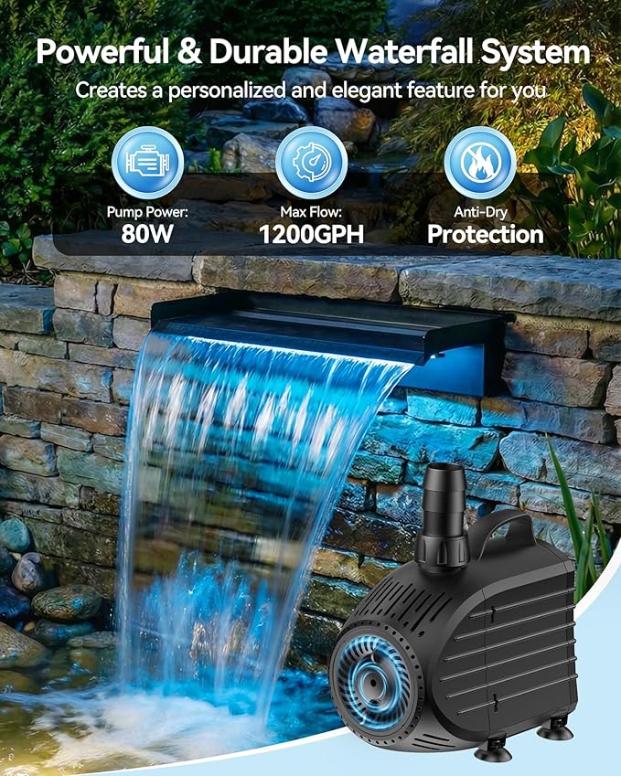 POPOSOAP Pond Waterfall Kit with Colorful LED Lights & 1200GPH Pond Pump, APP & Remote Control, Auto Timer, Pond Waterfall Spillway with 9.8FT Corrugated Tube for Pool, Garden, Patio, Backyard-P46D