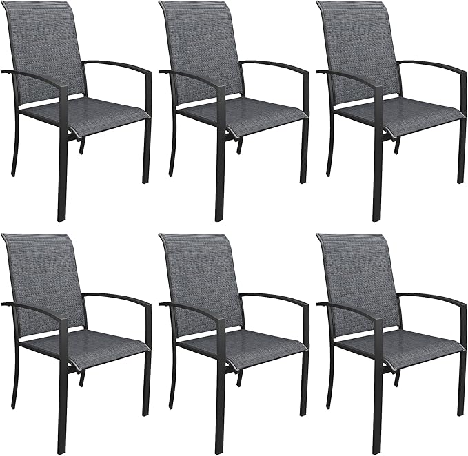 DIFY Patio Chairs Set of 6, Stackable Outdoor Dining Chairs with High Back & Metal Frame, All Weather Breathable Textilene Fabric Outdoor Chairs Set for Backyard Garden Deck, Dark Grey