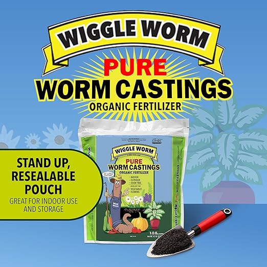 Wiggle Worm 100% Pure Organic Mineral-Dense Worm Castings Fertilizer in Resealable Zipper Pouch, 4.5lbs - Improves Soil Fertility and Aeration for Growing Better Houseplants, Vegetables, and More
