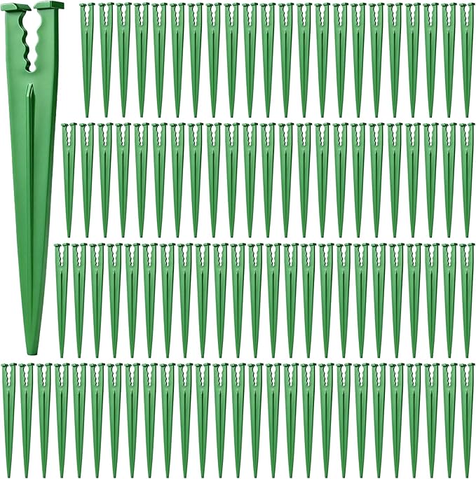 RedChili 100 Pack Irrigation Support Stakes for 1/4 Inch Drip Tubing, Heavy Duty Drip Tubing Hold Down Stakes 1/4" Drip Irrigation Tubing Fittings for Lawn Raised Bed Greenhouse Plant Watering System