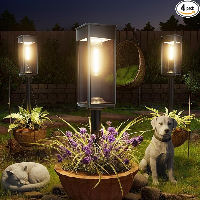 ALFIOT Solar Pathway Lights Outdoor, 4 Pack Bright Solar Lights Outdoor, IP65 Waterproof Solar Garden Lights Solar Powered Landscape Lighting for Yard Patio Walkway Driveway Pathway (Warm White)