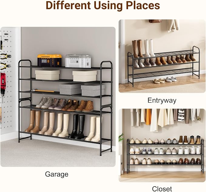 KEETDY 3-Tier Long Shoe Rack for Closet Metal Shoe Organizer for Entryway, Wide Stackable Shoe Storage Shelf with Sturdy Wire Grid for Closet Floor, Bedroom, Black