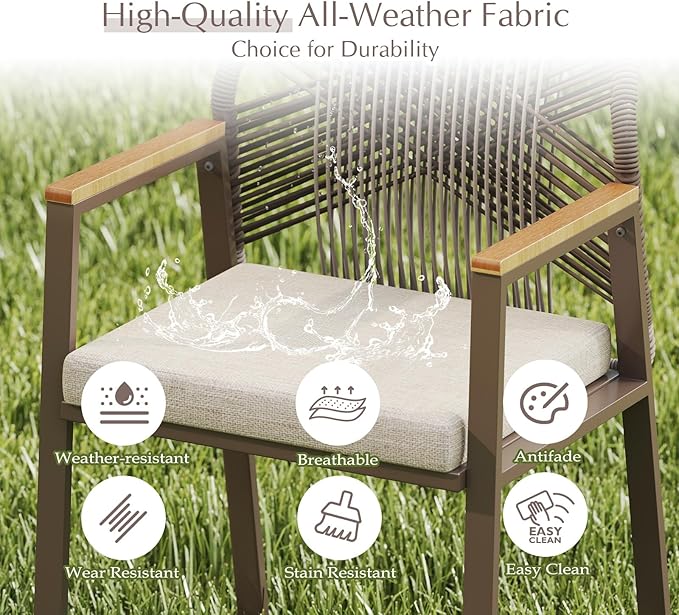Aluminum Outdoor Patio Dining Chairs - Imitation Rope Vine Chair Ergonomic Backrest Design Detachable Seat Cushion Soft and Breathable Garden Porch Light Brown Set of 8