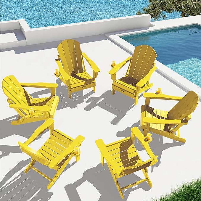 SERWALL Foldable Adirondack Chair Set of 2, Weather Resistant Patio Chair with Cup Holder for Garden Outdoors Fire Pit-Lemon