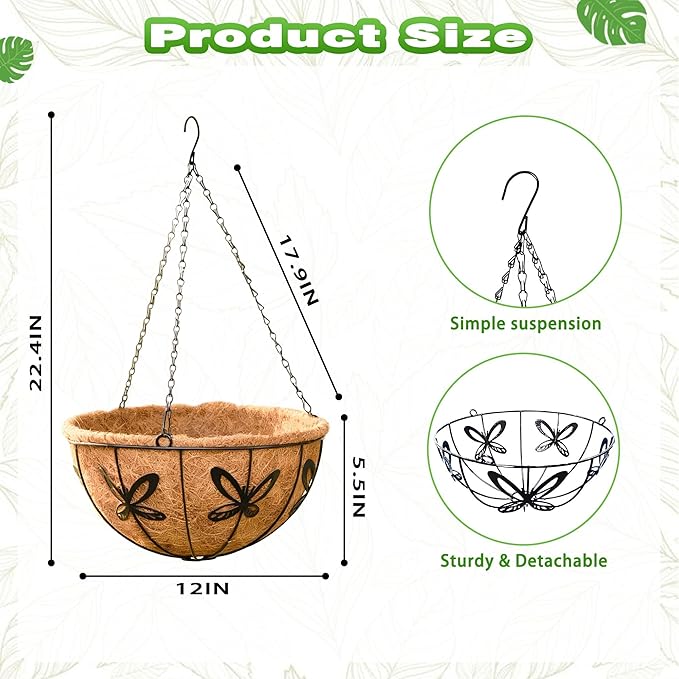 2 Pack 12 Inch Metal Outdoor Hanging Baskets Black Heavy Duty Hanging Planters with Coco Liners for Indoor Outdoor Plants Gardens Patios Terraces（Butterfly）