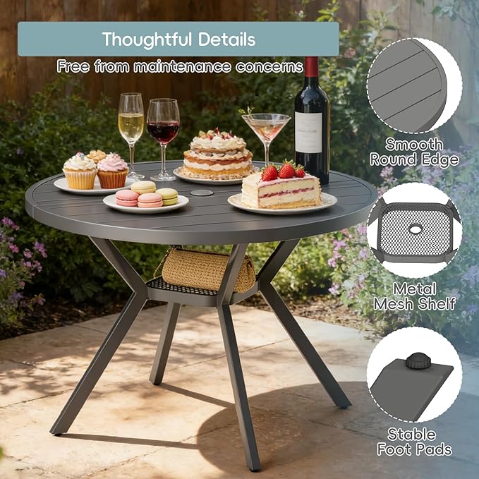 42" Outdoor Patio Table Dining Table, All Weather Metal Round Patio Table with Adjustable Umbrella Hole, Patio Furniture for Lawn Garden Backyard, Grey