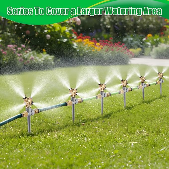 Tioncy 4 Pack Metal Lawn Sprinkler with Brass Nozzle, Heavy Duty Garden Spike Sprinkler Automatic Irrigation Tool for Lawn Garden Yard Greenhouse(Multi Nozzle,Silver)