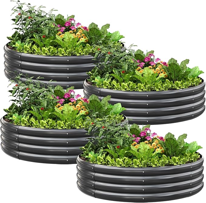 KING BIRD Raised Garden Bed Galvanized Round Planter Box Outdoor for Gardening, Plants, Vegetables, Flowers, Silver, 47x47x12 in 4 Packs