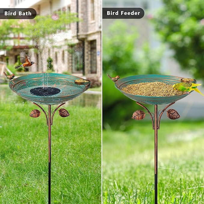 Metal Bird Baths for Outdoors, 39" H Birdbath with 13 Inch Bowl, Standing Bird Bath & Bird Feeder with Stake for Outside Garden Patio Yard Lawn Decor,Green