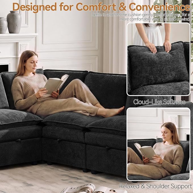 130" Oversized U-Shape Storage Sofa Modular Couch with 2 Ottomans,Black