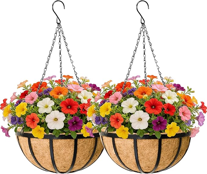 EIMQUVW 2 Pack Round Hanging Baskets 12 Inches Black Outdoor Metal Flower Pots with Coco Liner and Chain Heavy Duty Flat Iron Hanging Planters for Indoor Outdoor Gardens Decor