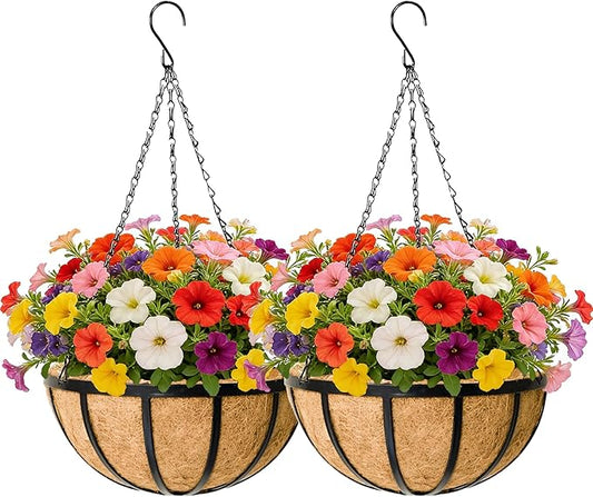 EIMQUVW 2 Pack Round Hanging Baskets 12 Inches Black Outdoor Metal Flower Pots with Coco Liner and Chain Heavy Duty Flat Iron Hanging Planters for Indoor Outdoor Gardens Decor