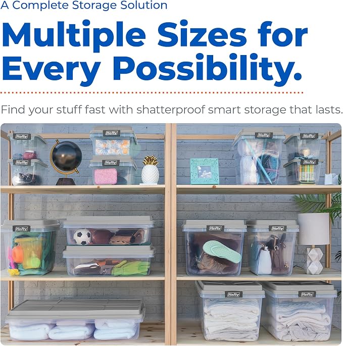 Hefty 63 Qt Hi-Rise Storage Bin with Lid, Stackable Plastic Storage Container, Organizer for Home, Garage & Closet, 4 Pack, Gray