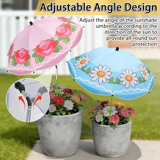 MJZ 4 Pack Upgraded Plant Umbrellas for Outdoor Plants, 26" Larger Garden Plant Shade Umbrella with Adjustable Angle 43.4" Higher Sun Shade with Floral Prints for Outdoor Potted Plants Garden Beds