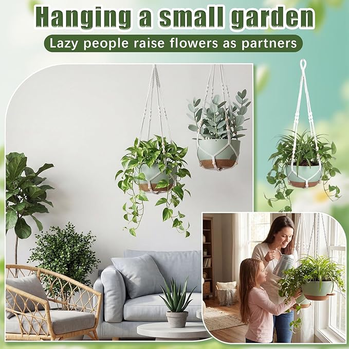 Sliner Set of 4-10 Inch Self Watering Hanging Planters Includes Hanging Pots and Outdoor Hanger Plant Pots with Drainage Holes 2 Types of Hanger Basket Hooks for Patio Garden(Green Brown)