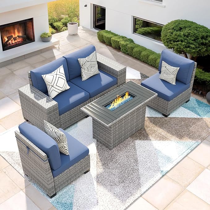 5 Piece Patio Furniture Set with Fire Pit Table, Outdoor Conversation Sets Grey Wicker Rattan Sectional Sofa, 4'' Thickened Cushion Navy Blue