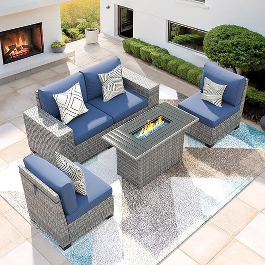5 Piece Patio Furniture Set with Fire Pit Table, Outdoor Conversation Sets Grey Wicker Rattan Sectional Sofa, 4'' Thickened Cushion Navy Blue