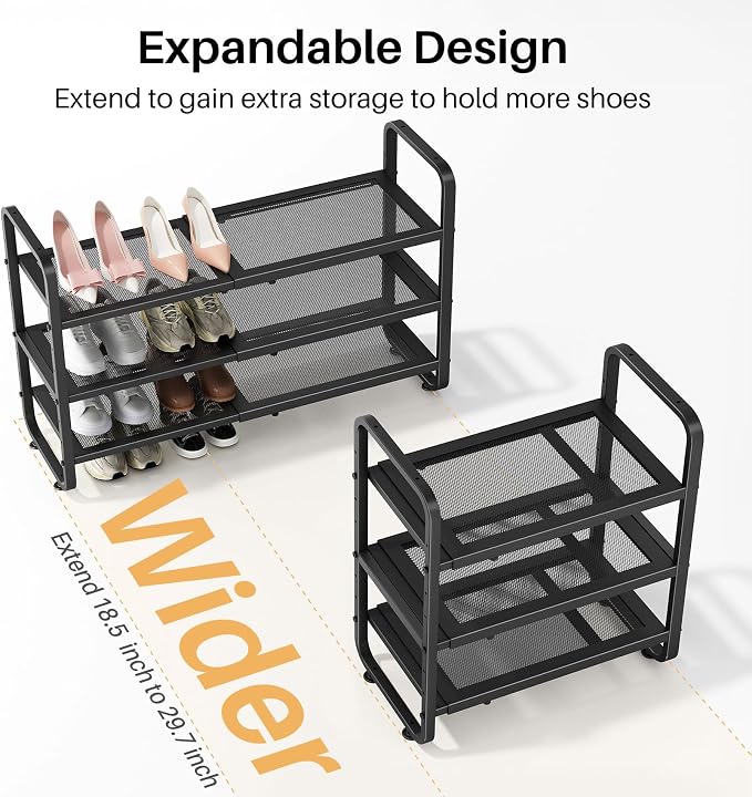 Expandable Metal Shoe Rack for Closet, Entryway & Garage, 3-Tier, Black