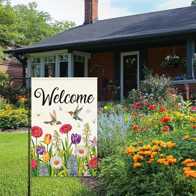 Welcome Flags for Outside,Spring Hummingbird Garden Flag for Yard Patio Lawn Decoration,12x18 Inch Double Sided