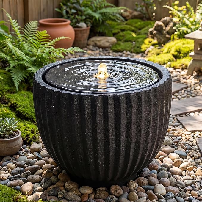 Giantex 18" Round Outdoor Water Fountain with 6 LED Lights, Stone Gray Resin Sphere Waterfall Feature with Adjustable Pump, Lighted Bubbling Fountain for Garden Patio Porch Decor (17.5" Dia. x 14" H)