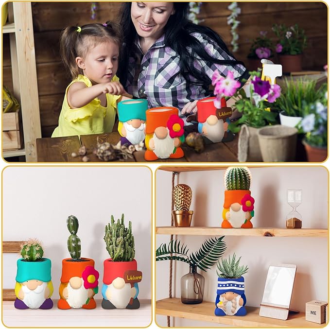 Beeveer 6 Sets Paint Your Own Gnomes Succulent Planter Cute Mini Unpainted Flower Pots DIY Paintable Succulent Pots for Christmas Classroom DIY Craft Project Activity