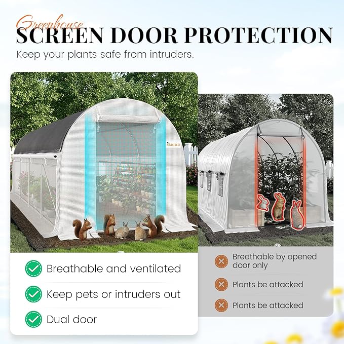 KING BIRD Premium 15x7x7 FT Greenhouse for Outdoors, Large Walk-in Heavy Duty Galvanized Steel Frame, Mesh Door Screen Window Tunnel Hoop Garden Plant Winter Hot House with Side Mesh&Shade Net, White