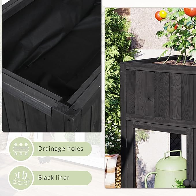 Polibi Patio Mini Wood Cold Frame, Compact 2 Doors Garden Greenhouse with Wheels, Raised Bed with Liner for Indoor Outdoor Use,35.4''x17.7''x37.4'',Black