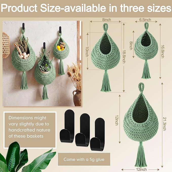 Honeydak 3 Hanging Baskets, Sage Green, Tassel, Cotton Rope | Wicker Wall Baskets with Hooks for Fruit Vegetable Onion Storage, Teardrop Organizer for Kitchen, Boho Farmhouse Decor