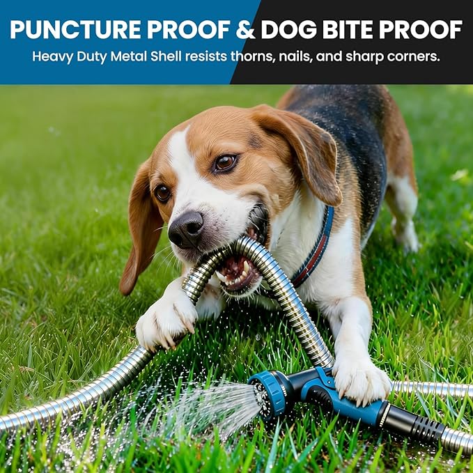 Metal Garden Hose 100FT, Stainless Steel Water Hose with 10 Function Nozzle, Solid Brass Fittings, Lightweight, Kink-Free & Dog Chew Proof for Lawn, Yard, RV, Car Wash, 550PSI