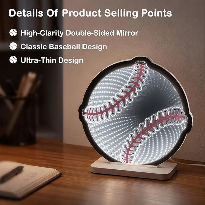 3D Baseball Infinity Mirror Light, 3D LED Infinity Mirror Night Light with Endless Stadium Tunnel Effect, USB Powered 3D LED Lights for Man Cave & Game Room Decor, Gift for Boys Men, 9.1"