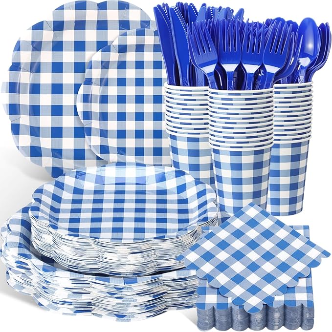 Funnymoom 400 Pcs Gingham Party Supplies for 50 Guests Dark Blue and White Paper Plates and Napkins Knives Spoon Fork Cup Disposable Checkered Dinner Party Set Cutlery for Baby Shower Wedding Favor
