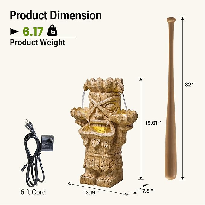 20-Inch Outdoor Water Fountain, 3-Tier Polynesian Tiki Head Resin Waterfall Fountain with 4 Warm LED Lights, Home Art Decor for Garden, Patio, Yard, Deck, Porch, Deck or Lawn in Natural Wood