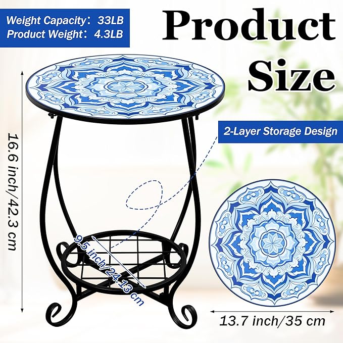 Mosaic Outdoor Side Table - Round Flower Patio Accent with Plant Stand, 14" Coffee Tea Metal Outside End Table for Yard Patio Porch Balcony Garden Indoor Living Room Bedroom Decor
