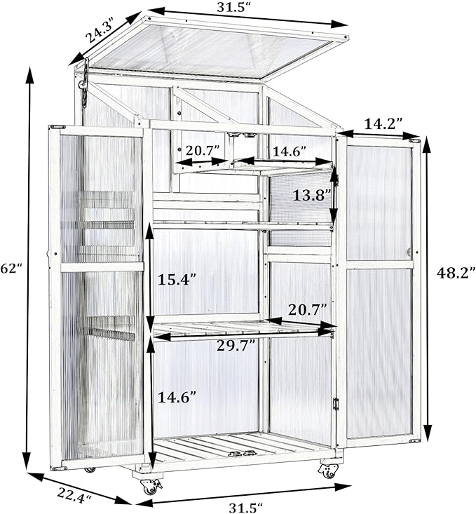 Merax 4-Tier Wooden Greenhouse with Wheels, Shelf & Ventilation, Outdoor Raised Planter Box with Drainage Design, Solid Fir Wood Cold Frame for Garden and Patio, Green