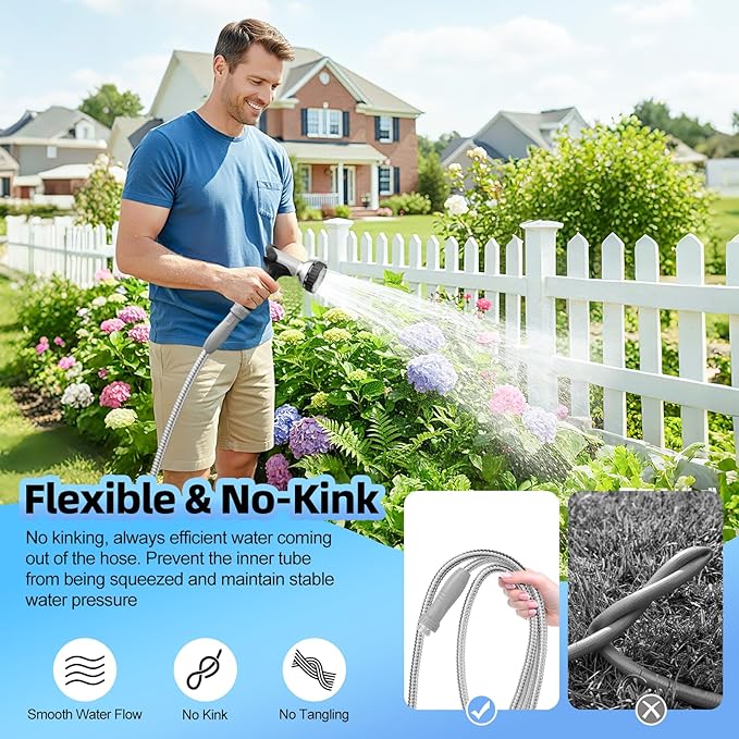 SPECILITE 304 Stainless Steel Garden Hose 50 ft with 360° Swivel Handle, Lightweight & Flexible Metal Water Hose with Heavy Duty Nozzle for Yard, Outdoor, Lawn