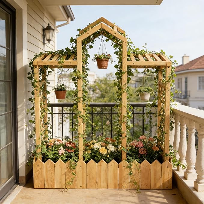 Raised Garden Beds with Arch Trellis Outdoor, Wooden Planter Boxes with Hanging Roof, Side Trellis Patio Wooden Flower Pots for Vines Climbing Vegetables Plants(Wood5)