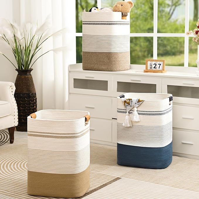 Laundry Hamper, 95L Tall Laundry Basket with Leather Handles, Rectangle Large Clothes Hamper for Organizing, Cotton Woven Laundry Baskets Storage Hampers for Bedroom, Nursery, Living Room
