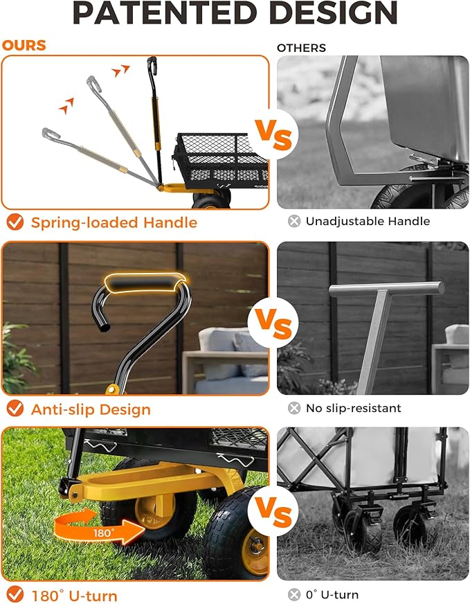 900 Lbs Heavy Duty Steel Garden Cart, Outdoor Metal Garden Wagon On Wheels, Utility Yard Cart with Mesh Removable Sides(Convert to Flatbed) and Removable Handle (to Wheel Barrow), Dark
