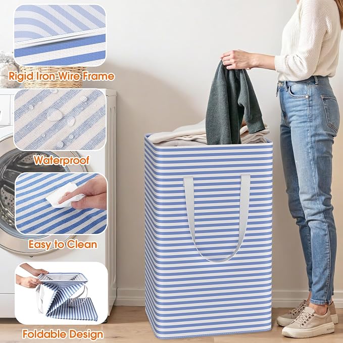 3-Pack Laundry Basket, Collapsible Laundry Hampers, 100L, Blue | Freestanding, Waterproof, Foldable Laundry Bin with Reinforced Handles, Dirty Clothes Hamper Basket for Bathroom, Dorm,Camper