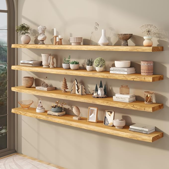 fuqing Live Edge Floating Shelves for Wall, 72 Inch Solid Elm Wood Shelves