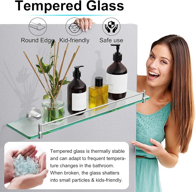 20 Inches Glass Shelves for Bathroom, Brushed Nickel Floating Glass Shelf Stainless Steel Tempered Glass Bathroom Shelves for Wall Mount Modern