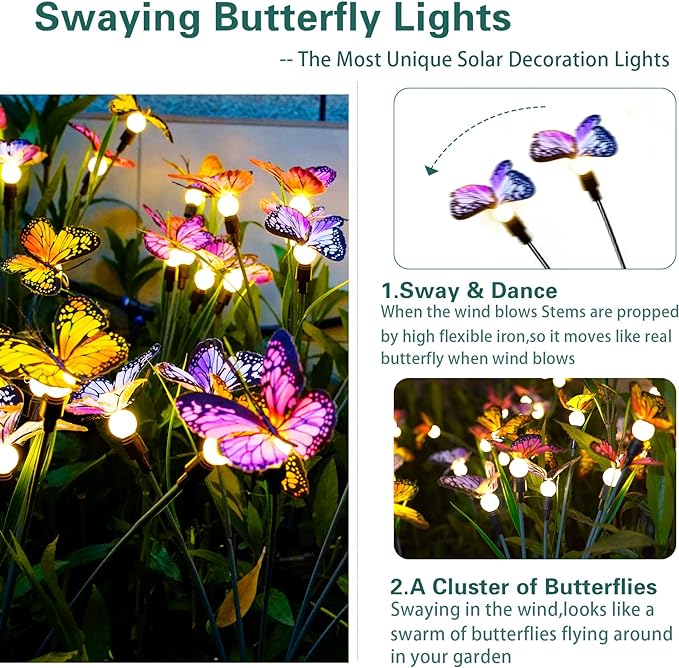 TONULAX Solar Garden Lights - 2 Pack Swaying Butterfly Light, Swaying in The Wind, Solar Outdoor Lights, Yard Patio Pathway Decoration, High Flexibility Iron Wire & Realistic Butterflies (2 Pack)