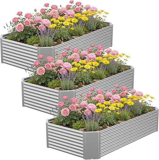 3 Pcs 4 x 2 FT Galvanized Steel Raised Garden Bed – Outdoor Planter Box for Root Vegetables, Herbs & Flowers, Large Metal Garden Beds for Backyards, Terraces and Balconies