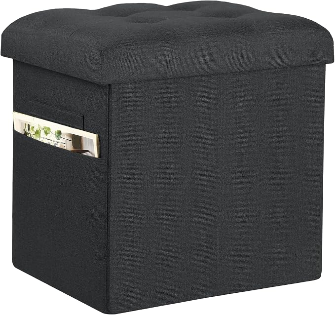 Storage Ottoman, 17" High Ottoman with Thicker Foam Padded Seat Grey Black | Small Folding Ottoman with Storage for Dorm Living Room Bedroom, Foot Rest Stool with Side Pocket & Handles, 17x13x13in