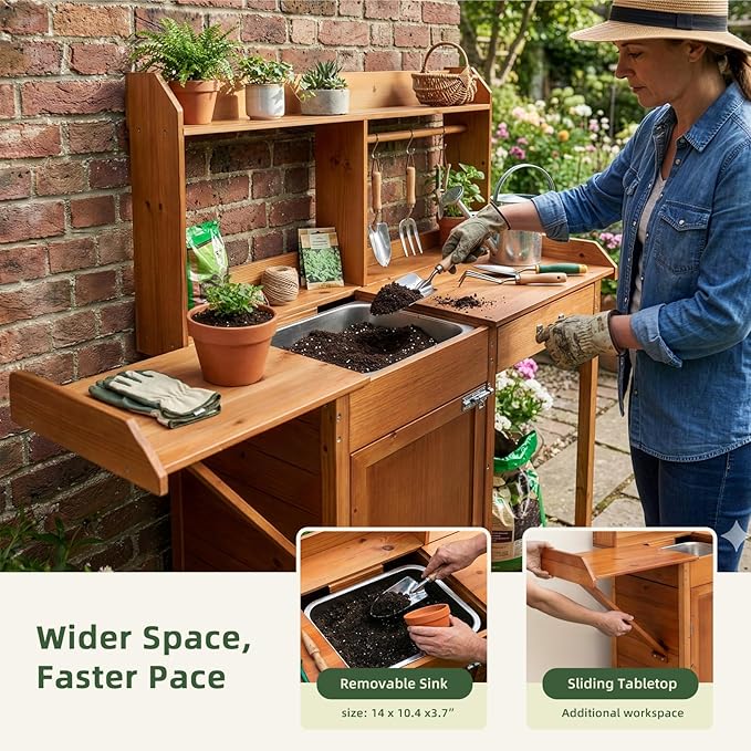 OOOK Potting Bench, Nordic Scots Pine Potting Table with Sink and Storage Shelves, Garden Bench, Workstation for Outside Patio Lawn, Wooden Garden Work Station