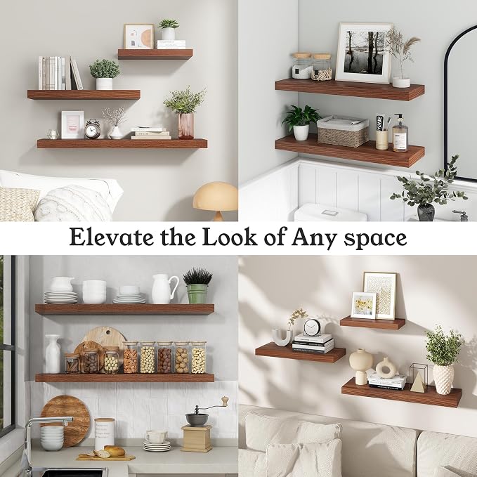 24" Walnut Floating Shelves Wood Wall Shelf, Walnut Color, Set of 2 | Wall Mounted Wood Shelves, For Bathroom, Bedroom, Living Room, Kitchen, Hanging Shelf for Books/Storage/Room Décor