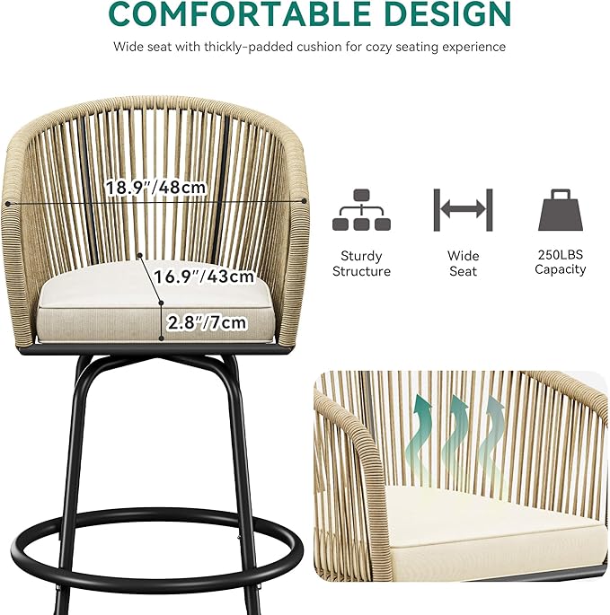 YITAHOME Counter Height Bar Stools Set of 4, Outdoor Bar Stools with Soft Cushions, Patio Rattan Swivel Bar Chairs for Backyard Poolside, Garden w /360 Rotation (Beige)