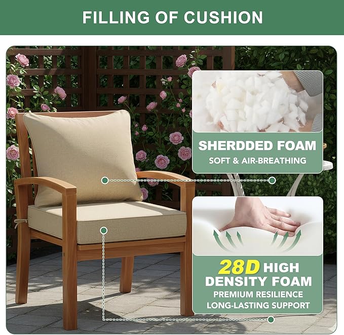Summsun Outdoor Chair Cushions Set of 2, Faux Linen Patio Furniture Cushions, Water Resistant Backrest and Deep Seat Cushion Set with Straps, Removable Cover, Non-Slip Bottom, 22 x 22 Inch, Nature