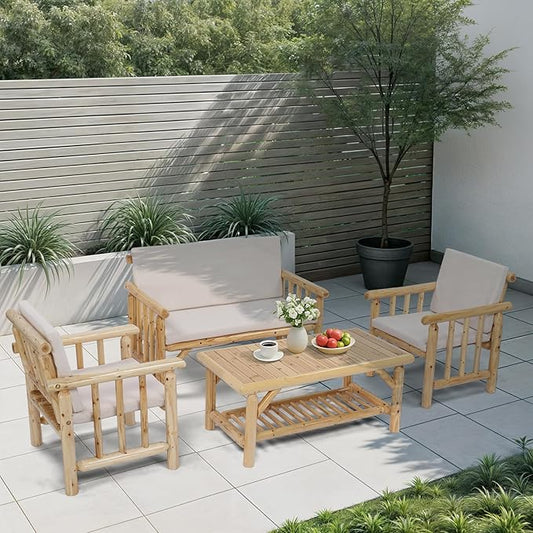VINGLI Outdoor Patio Furniture Sets 4-Piece, Fir Wood Patio Couch Sets w/Coffee Table, Outdoor Conversation Sectional Set with Removable Cushion for Garden, Lawn, Balcony (Nature Color)